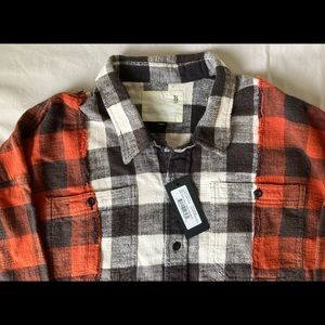 R13 DROP NECK COMBO WORK SHIRT - RED AND WHITE BUFFALO PLAID